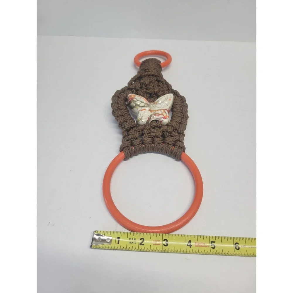 Vintage Macrame Butterfly Towel Holder Brown Orange Ceramic Retro Boho 70s Decor
